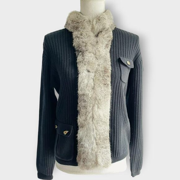 Jamie Sadock Cardigan Sweater Fur Trim Rubbed Black Long Sleeve Size Small Comfy - Picture 2 of 9